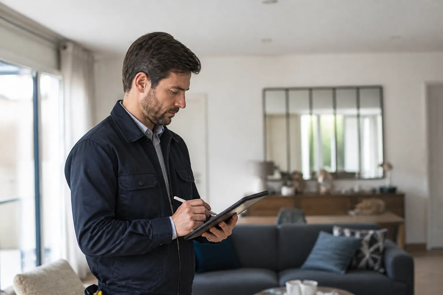 Expert en bâtiment rédigeant son rapport sur une tablette