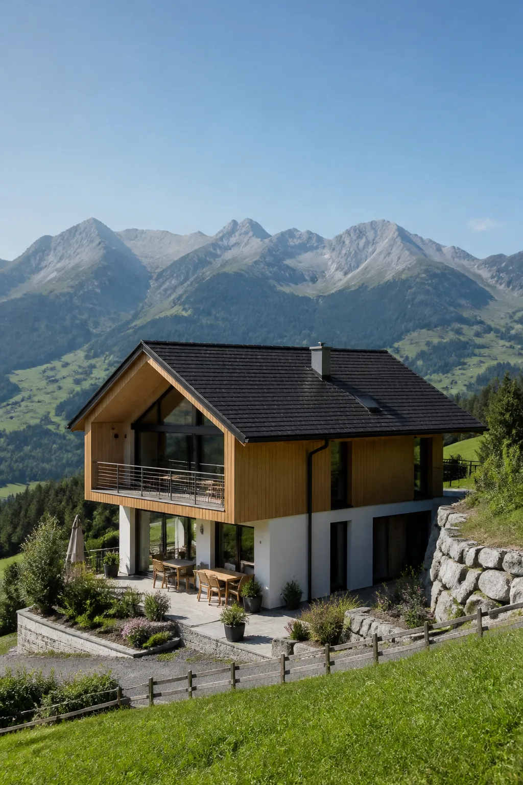 Maison sur un coteau avec montagnes en arrière-plan