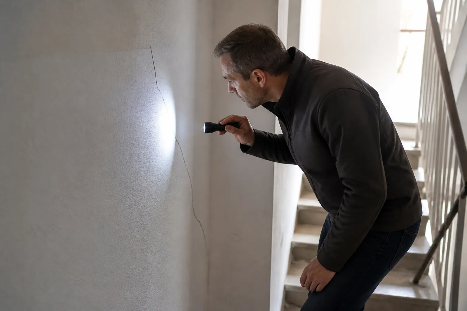 Expert examinant une fissure dans une cage d’escalier d’immeuble