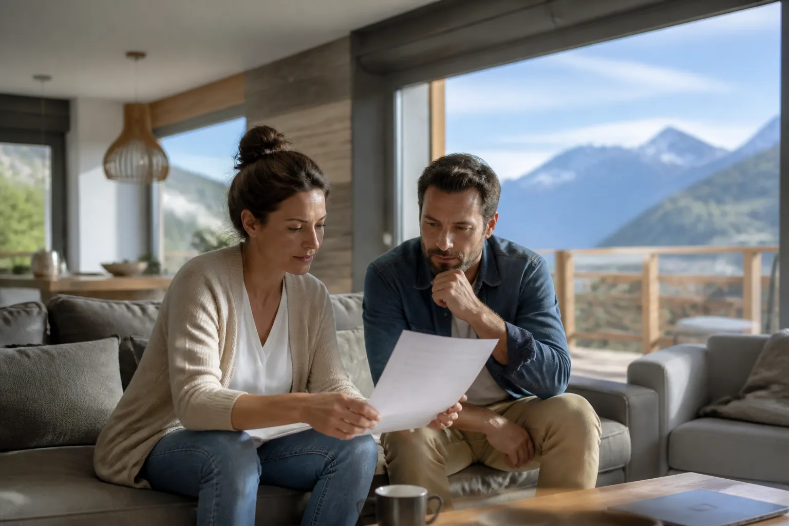 Acheteurs lisant un document dans un appartement avec vue sur les montagnes