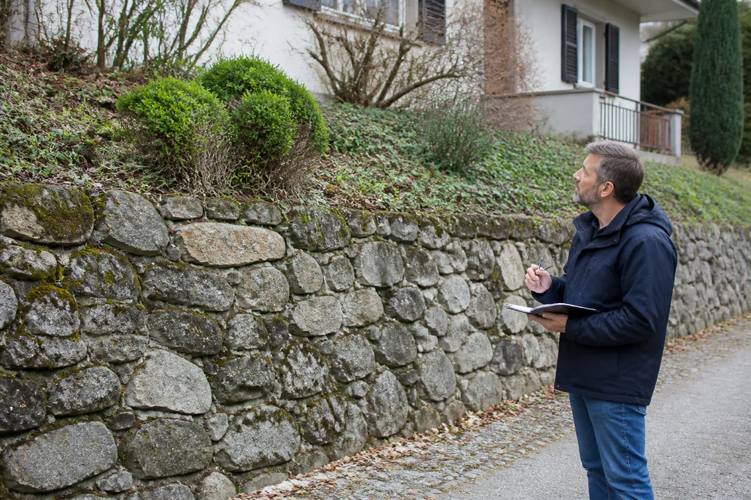 Expert en bâtiment examinant un mur de soutènement en pierre au bas d’un jardin en pente