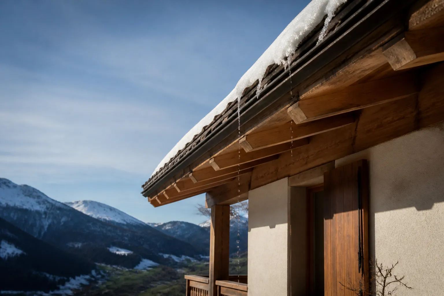 Toiture à large débord et charpente apparente d’une maison de montagne