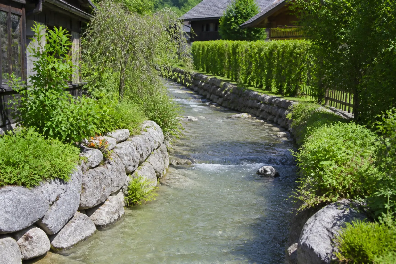 Ruisseau de montagne longeant des maisons en bordure de bourg