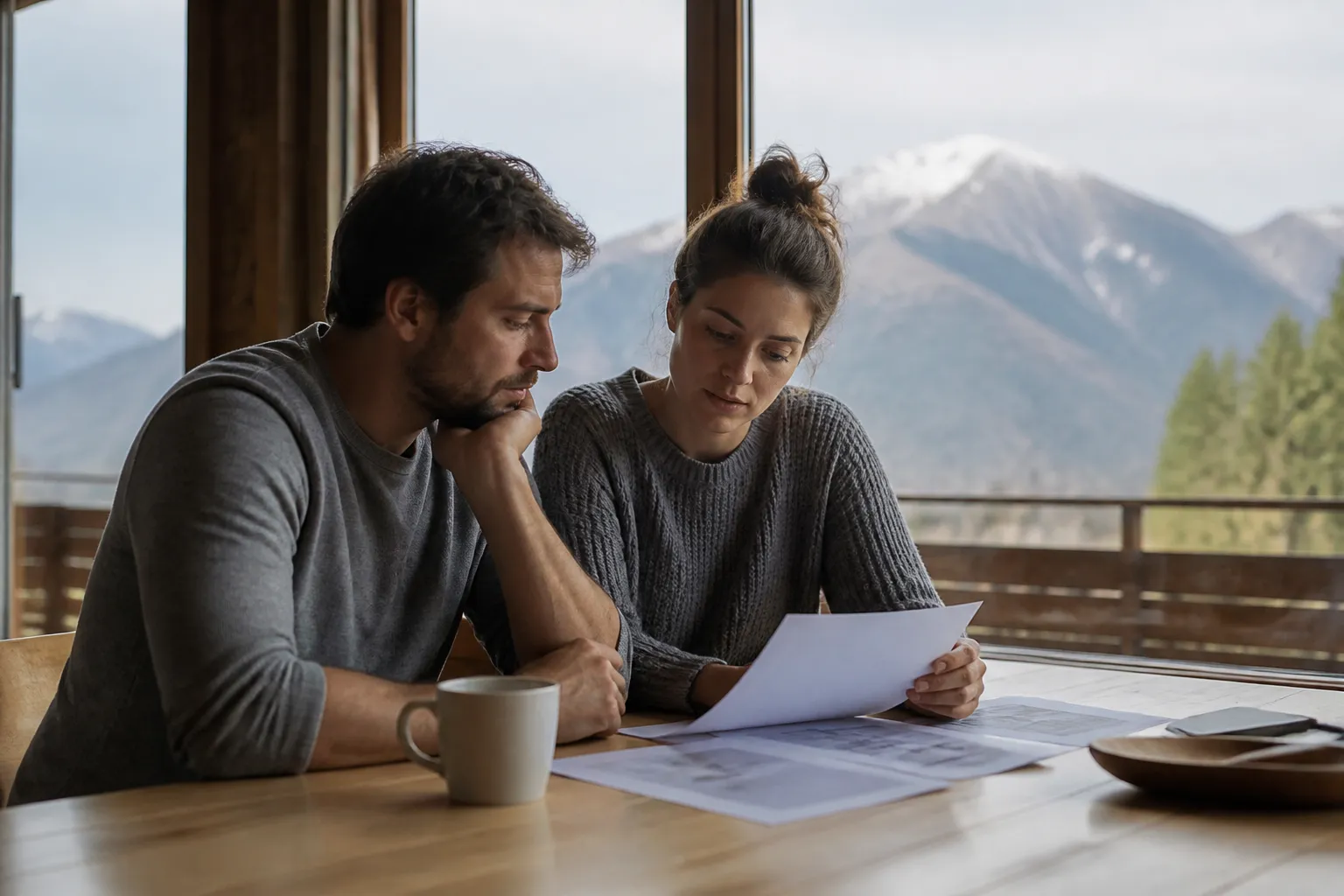 Acheteurs consultant un rapport d’expertise sur une table près d’une fenêtre avec vue sur les montagnes