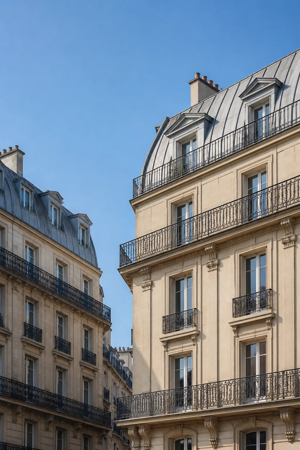 Façades d’immeubles anciens en pierre de taille avec balcons filants
