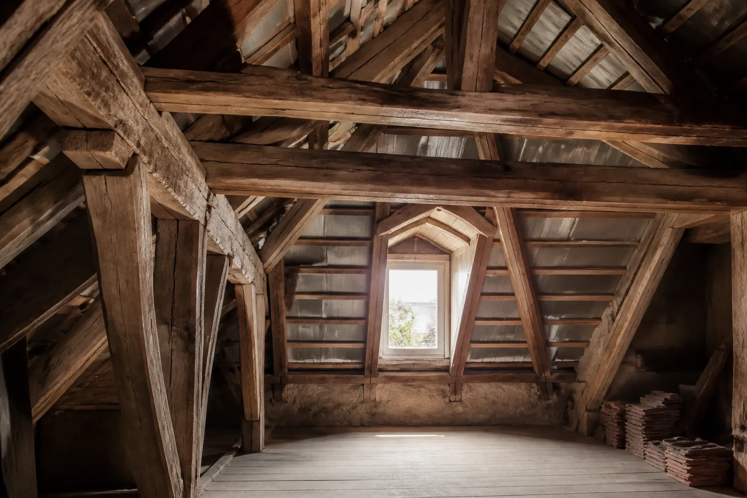 Combles sous toiture en zinc avec charpente bois dans un immeuble ancien