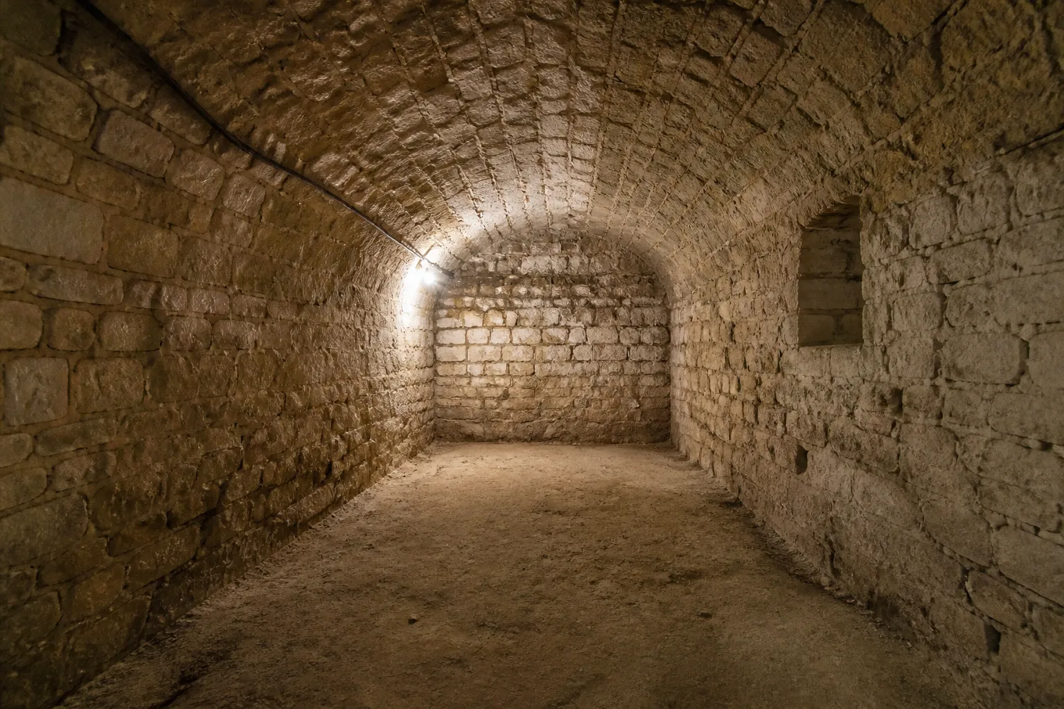 Cave voûtée d’immeuble ancien avec murs en pierre