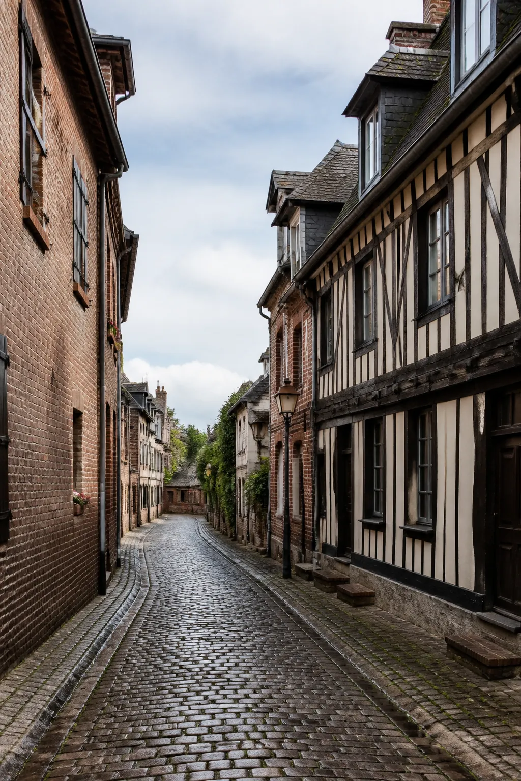 Maisons de ville en brique et colombages dans une rue normande