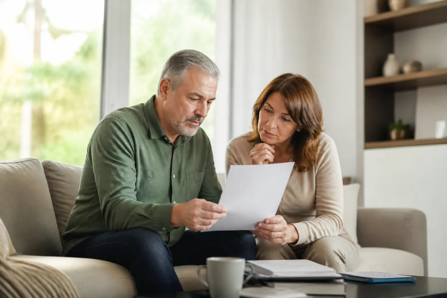 Couple lisant un rapport d’expertise dans un salon lumineux