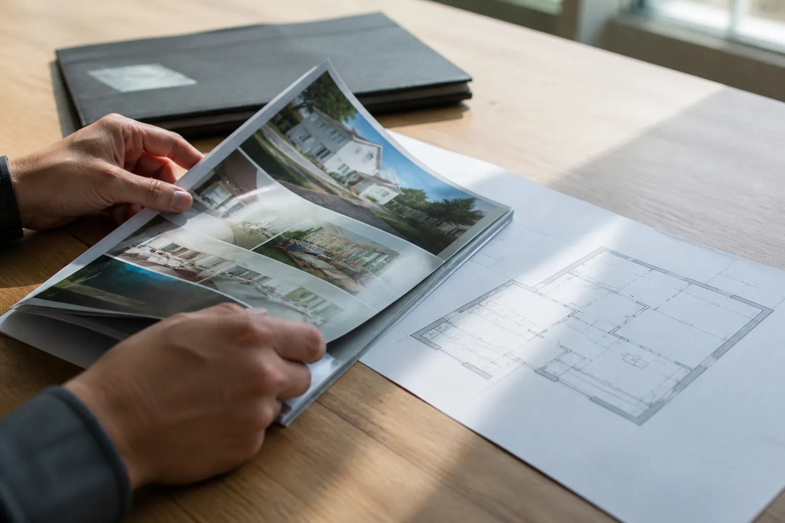 Acheteurs relisant un dossier de vente sur une table avec un plan