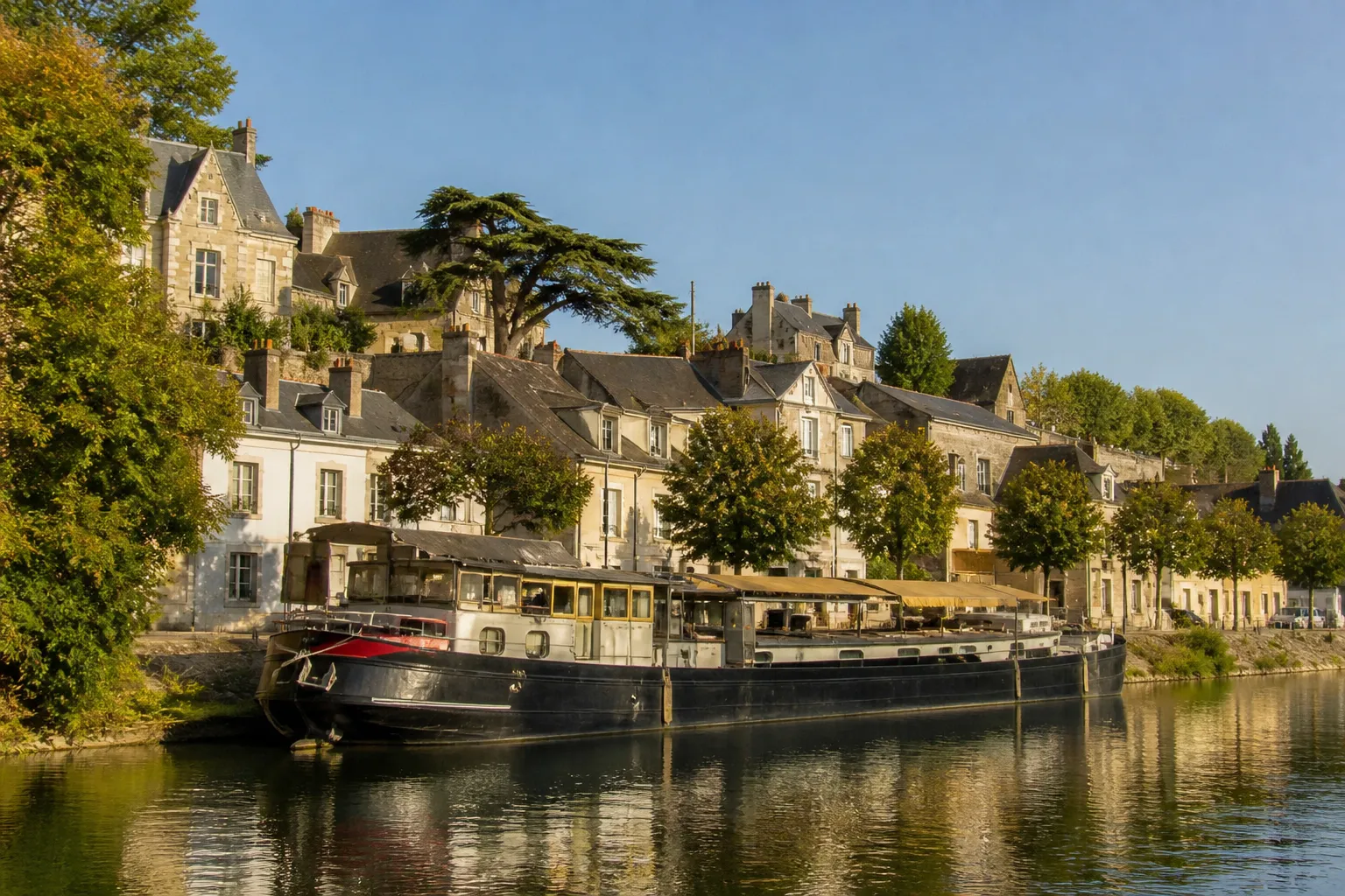 Péniche amarrée devant des maisons au bord d’un fleuve