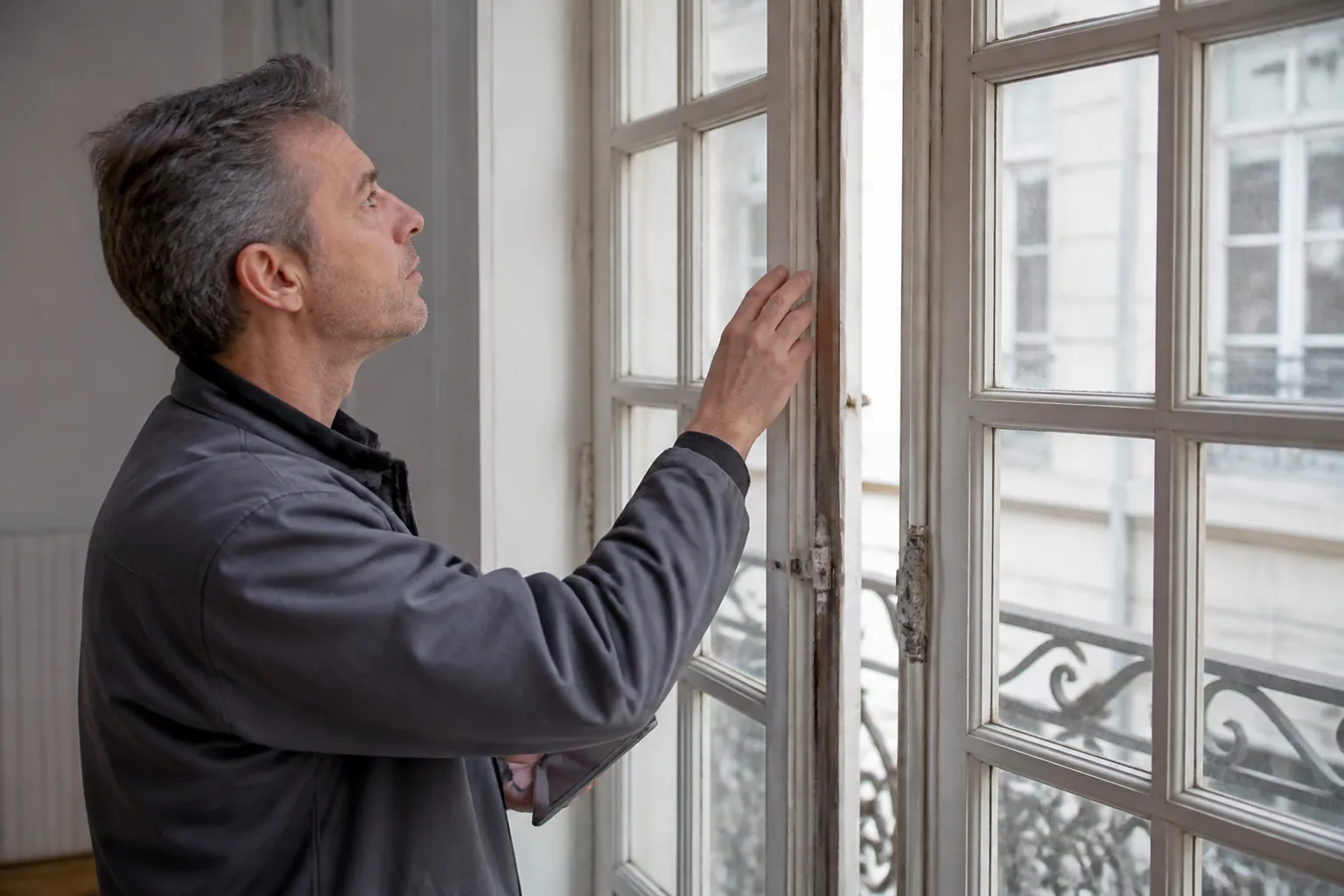 Expert en bâtiment examinant une fenêtre ancienne en bois