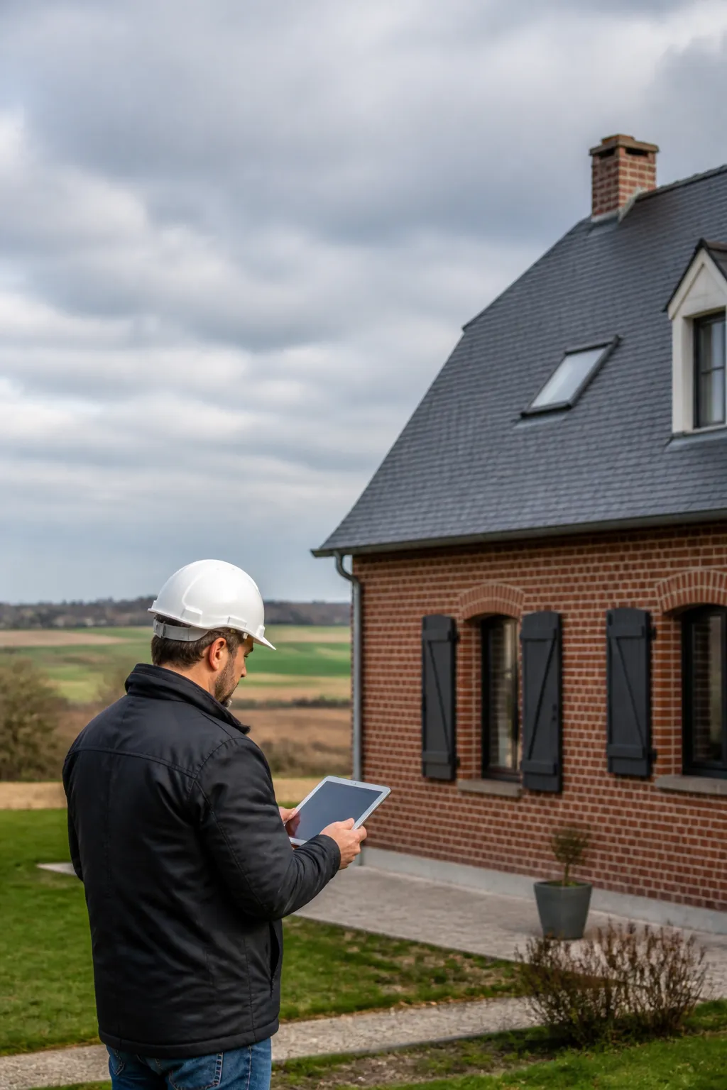 Expert en bâtiment devant une maison de briques sur un plateau agricole de la Somme