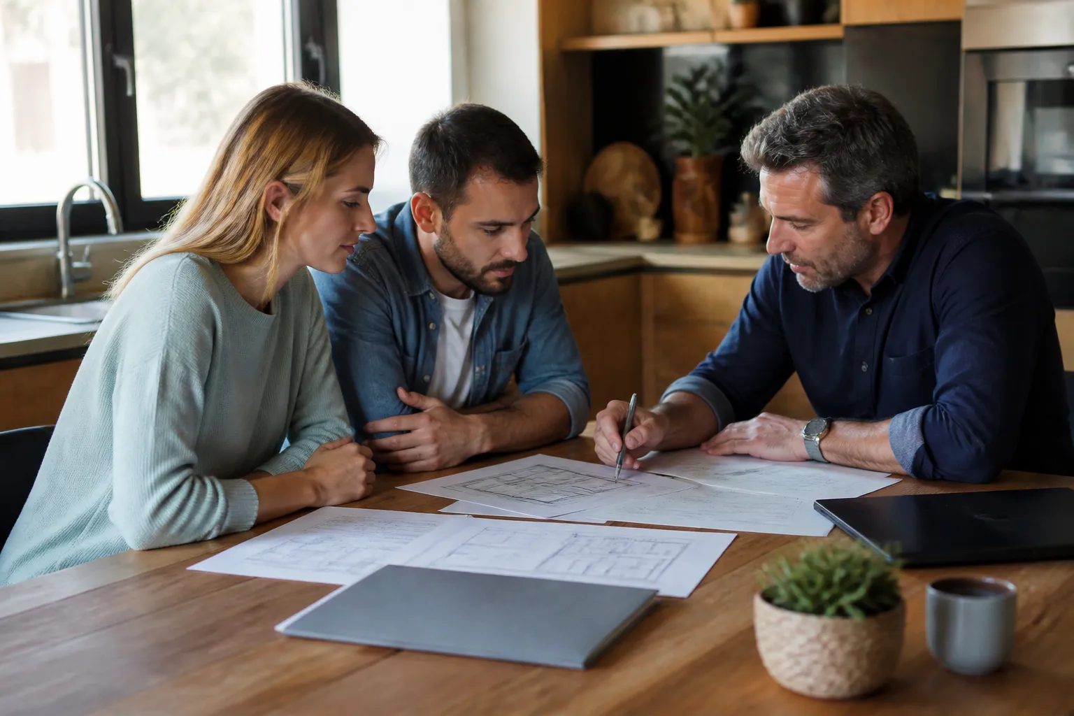 Acheteurs relisant un dossier de vente sur une table avec un expert