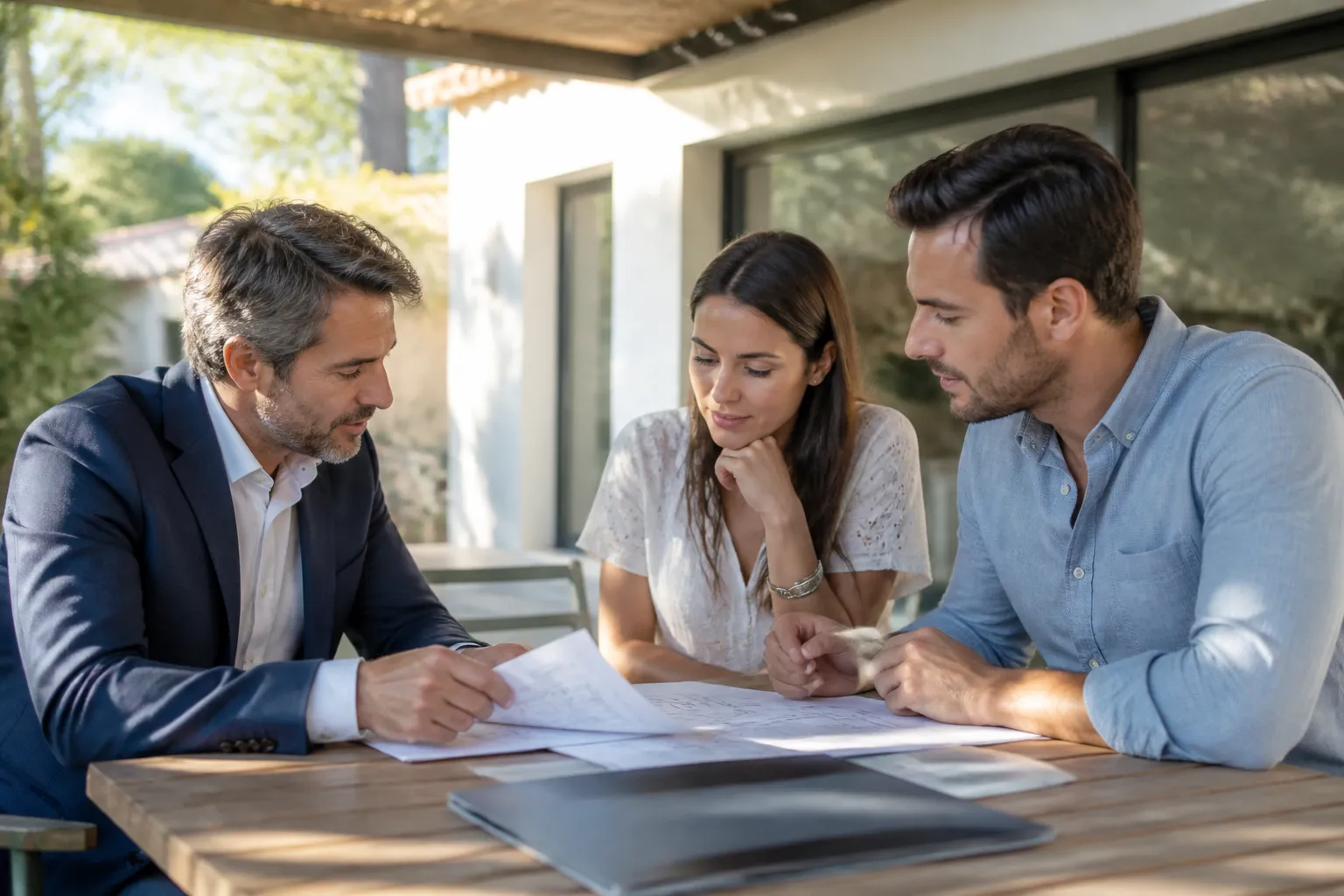 Expert et acheteurs relisant un rapport sur une terrasse