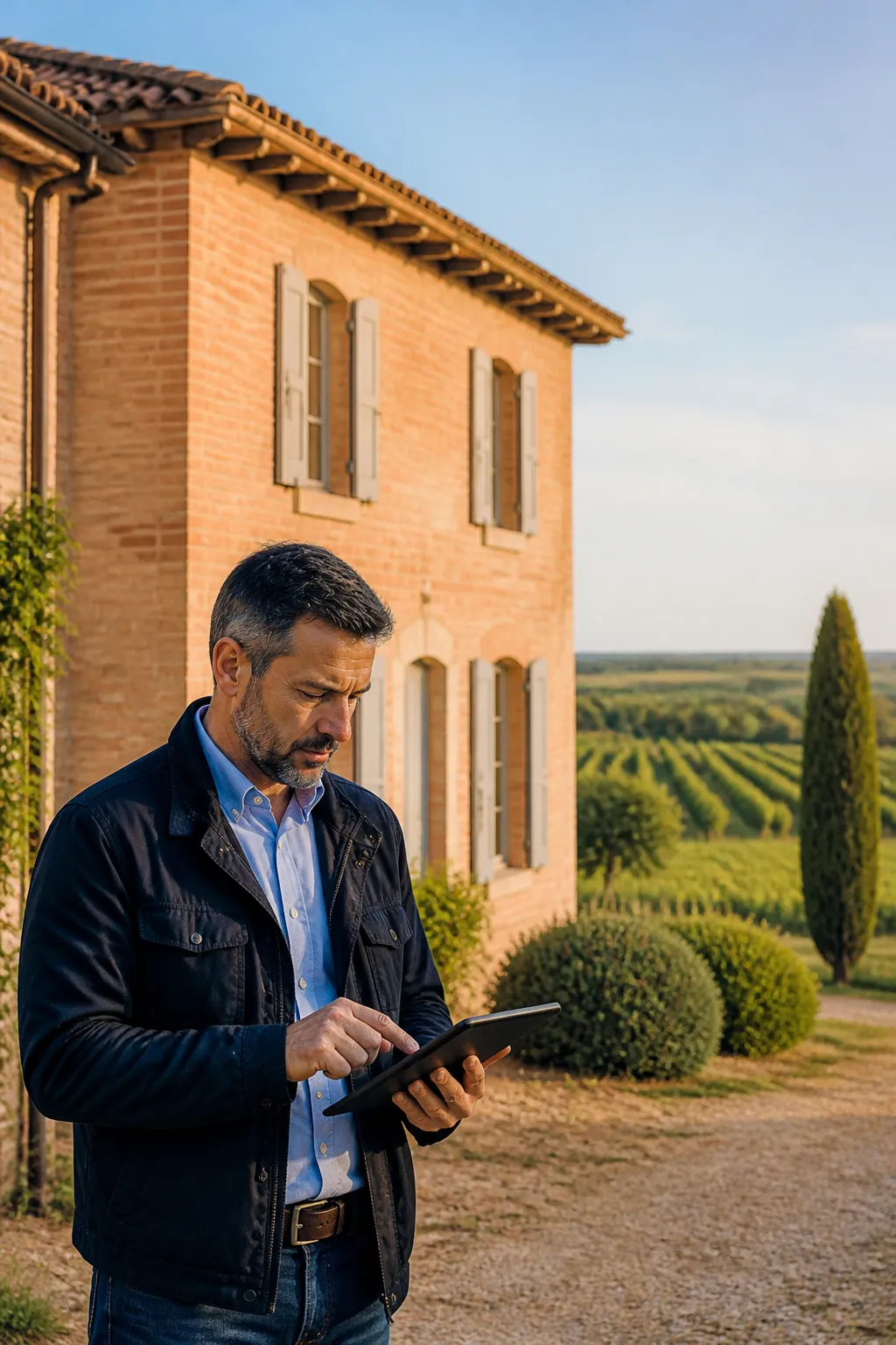 Expert en bâtiment devant une maison en brique dans la campagne du sud-ouest