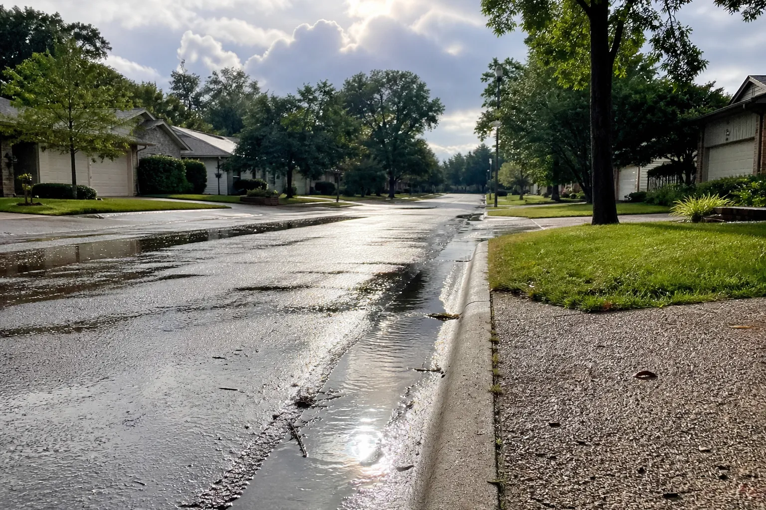Rue résidentielle après une forte pluie avec flaques