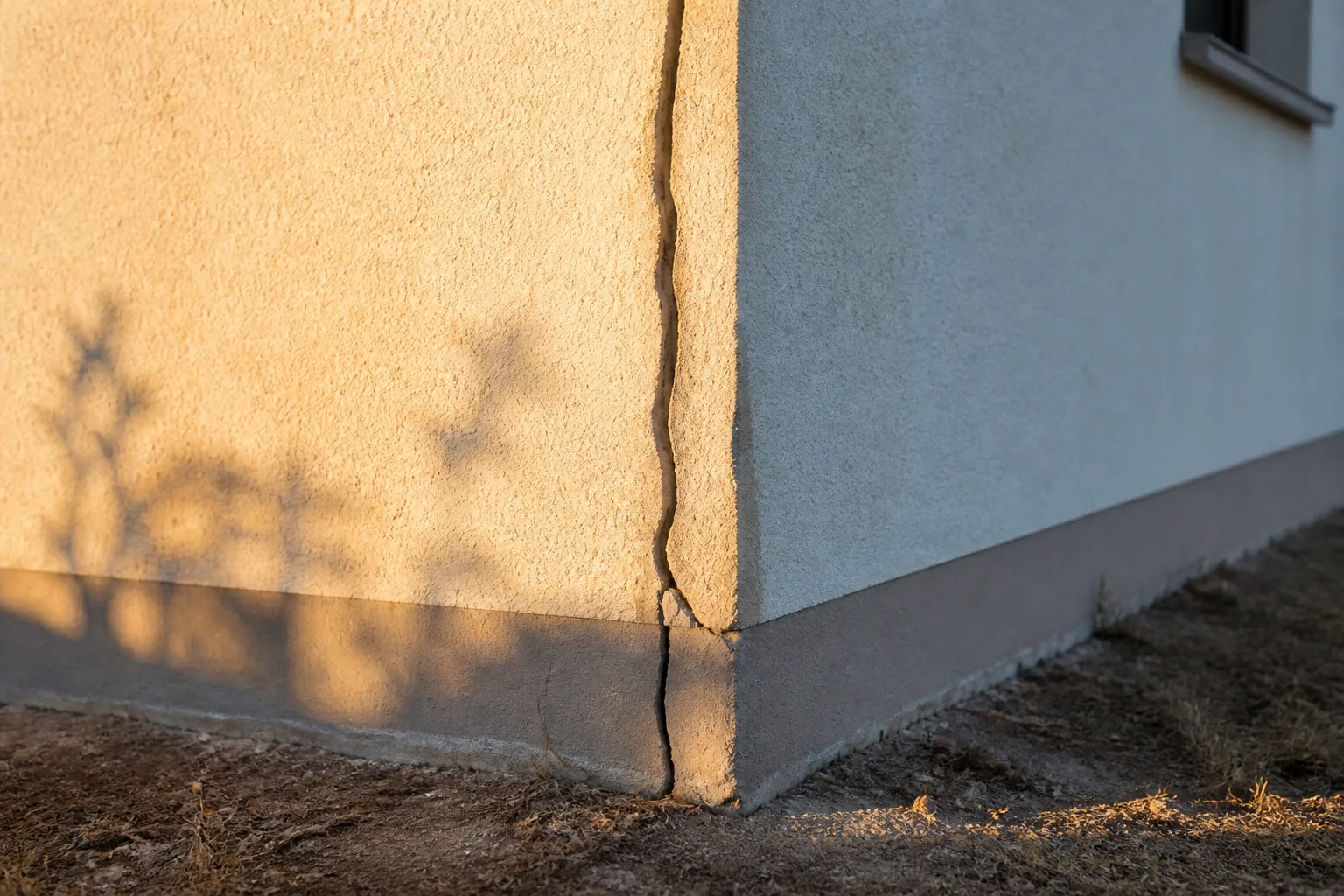 Fissure verticale à l’angle d’une maison enduite