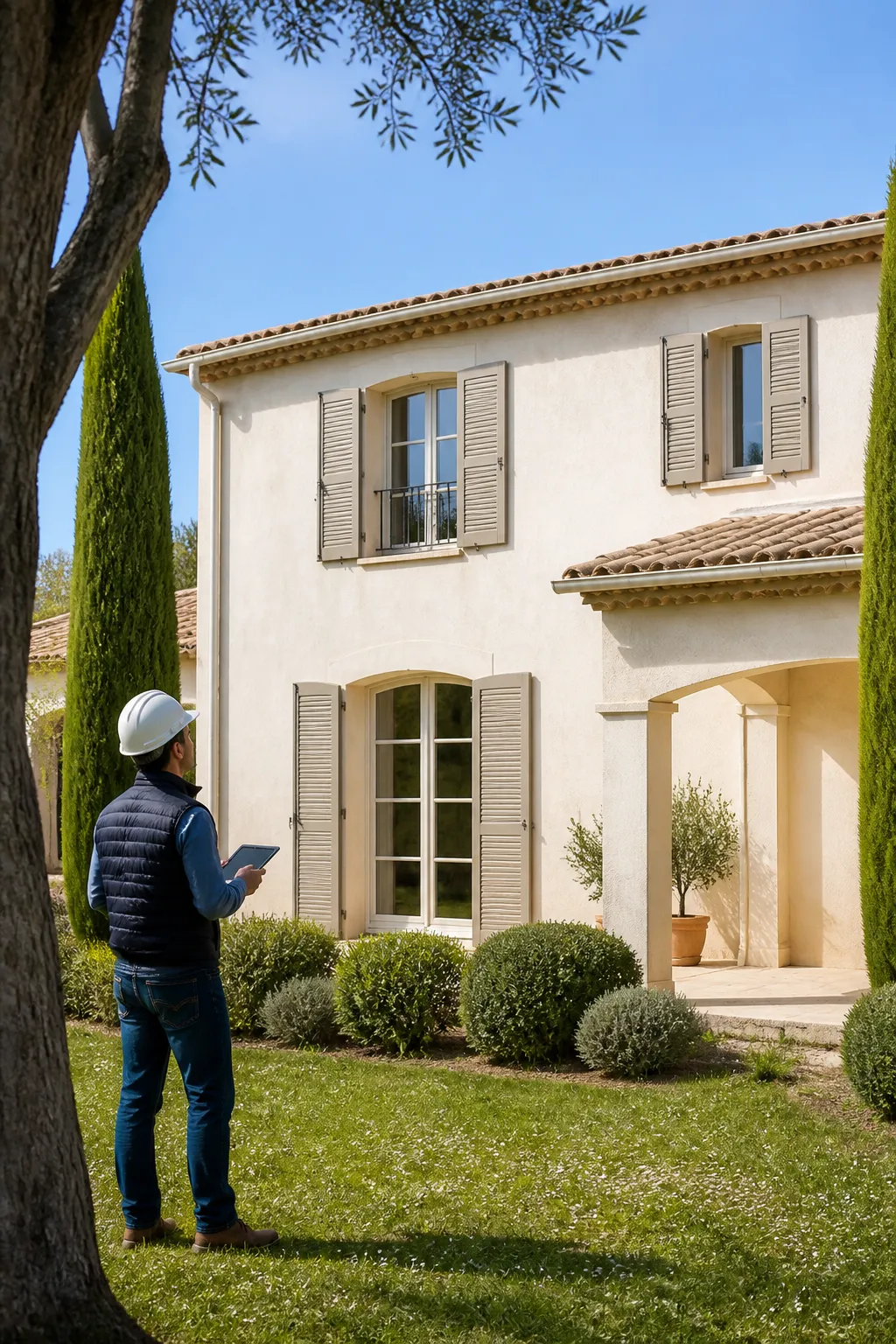 Expert en bâtiment devant une maison aux murs enduits et tuiles rondes dans le Var