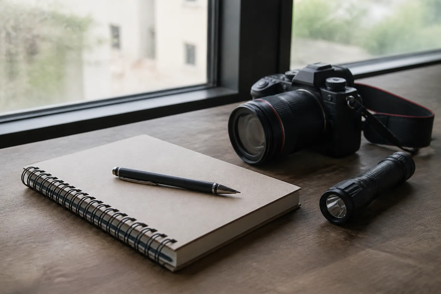 Carnet de notes et appareil photo d’un expert posés sur une table près d’une fenêtre