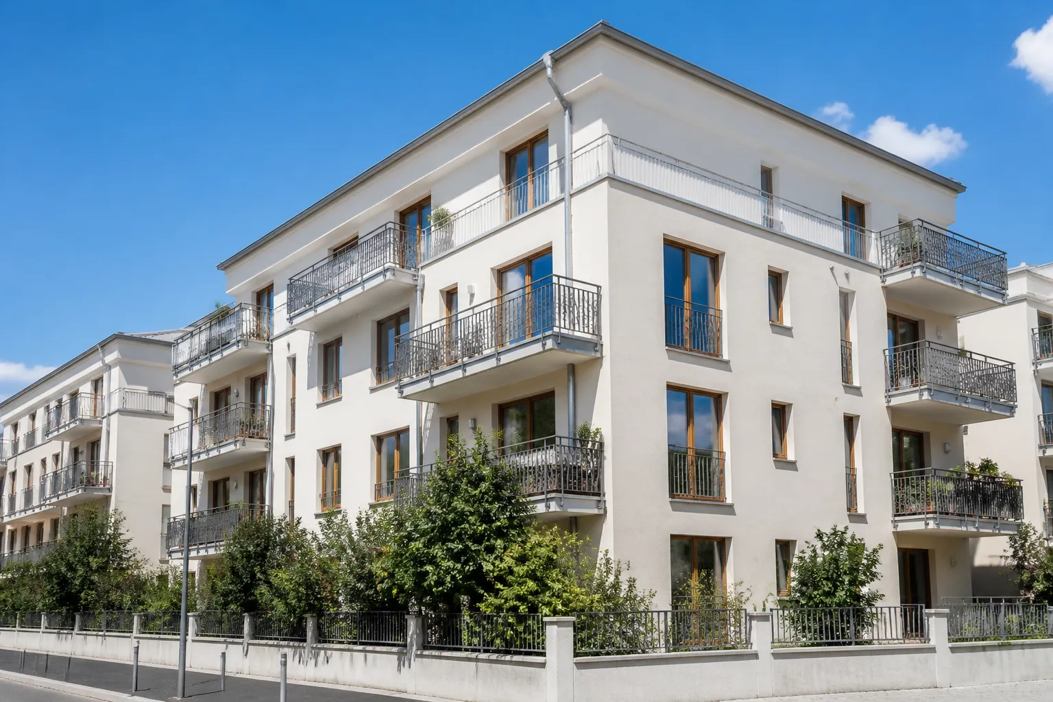 Façade d’immeuble résidentiel avec balcons et garde-corps vue depuis la rue