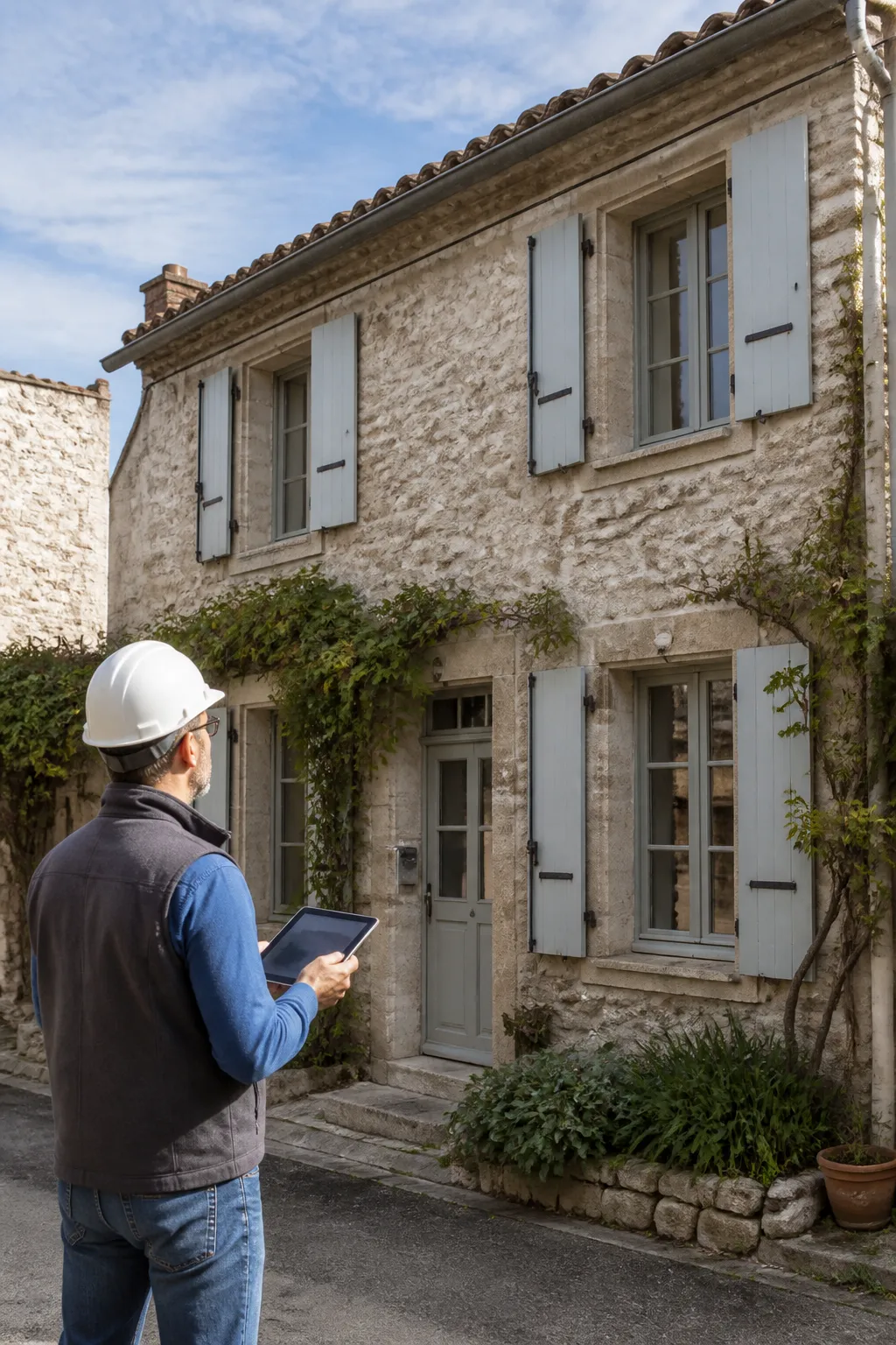 Expert en bâtiment devant une maison en pierre aux volets clairs dans le Vaucluse