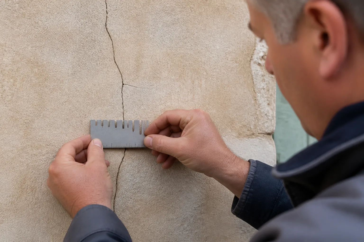 Fissure sur un enduit de façade relevée par un expert