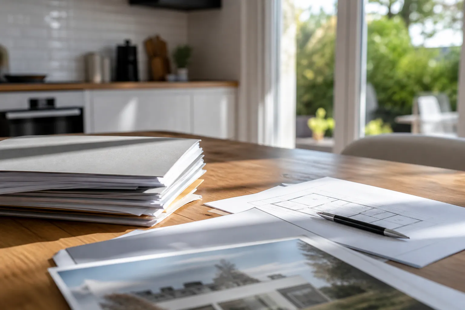 Dossier de vente immobilière et plans posés sur une table de cuisine