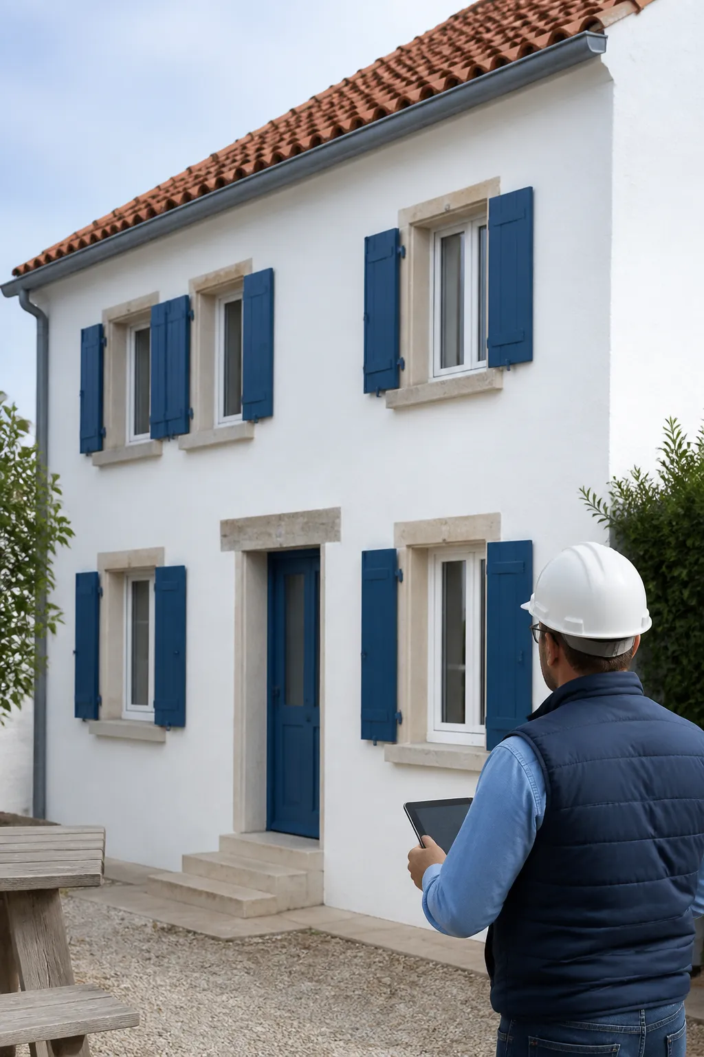 Expert en bâtiment devant une maison enduite blanche aux tuiles rouges en Vendée