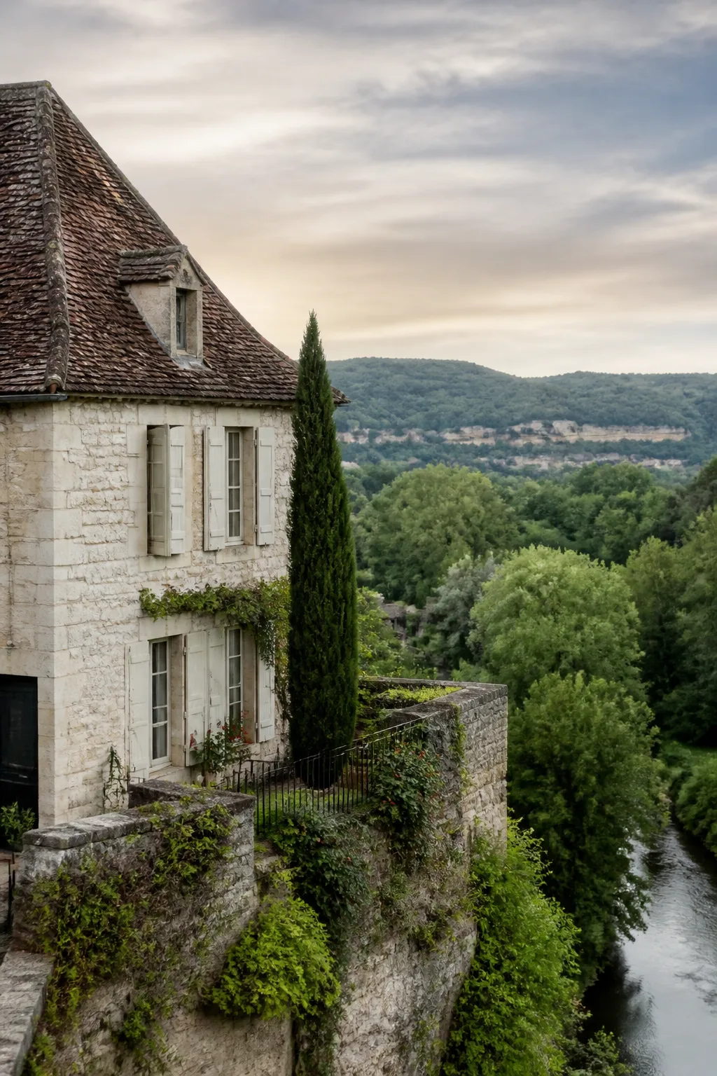 Maison en pierre calcaire au bord d’une vallée verdoyante