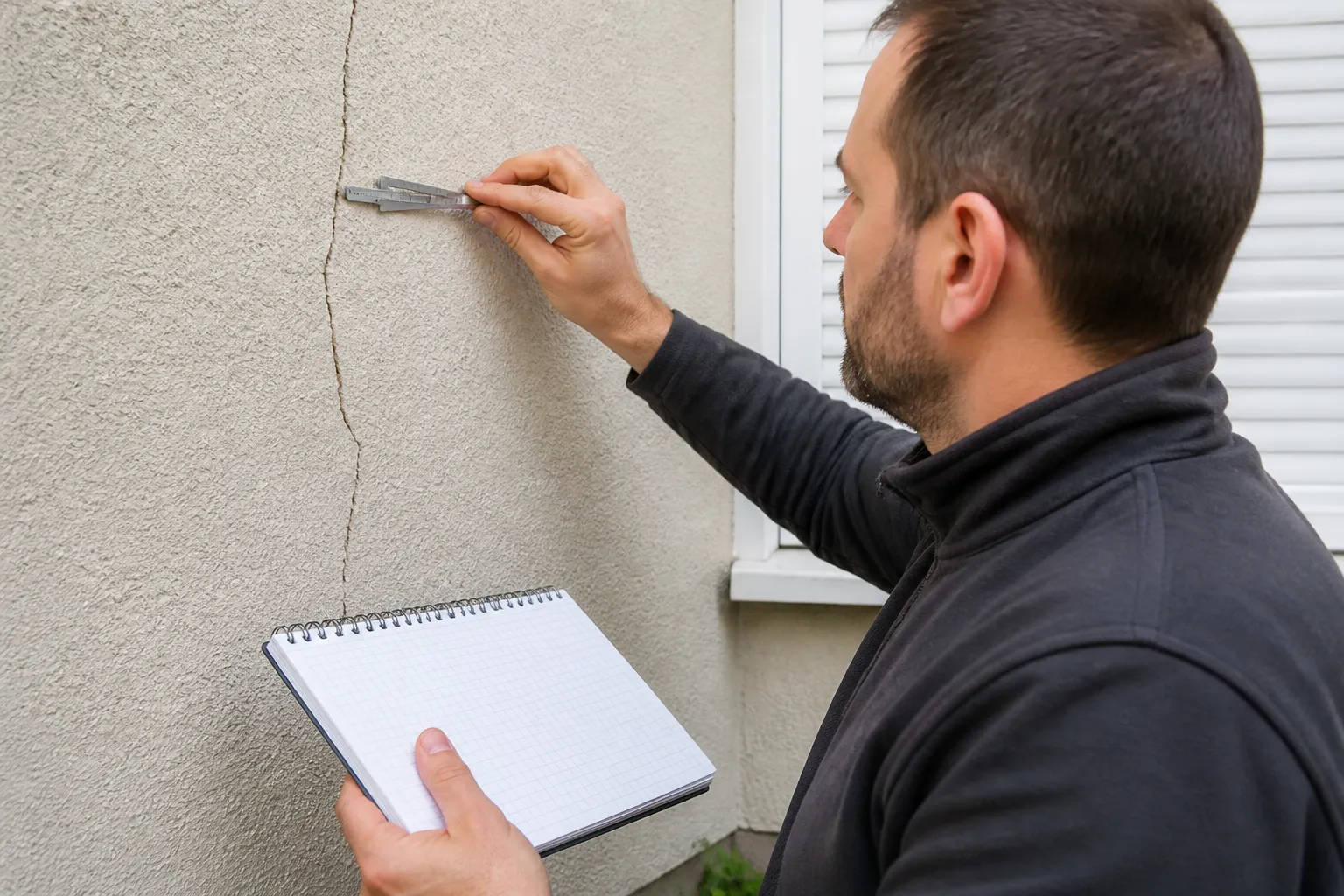 Expert mesurant une fissure sur un mur de façade