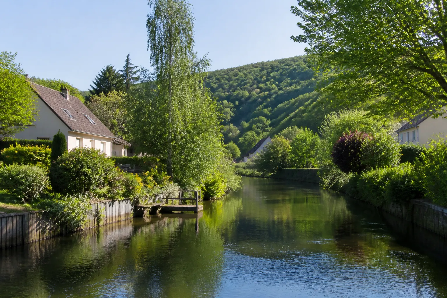 Rivière calme bordée de maisons et de jardins