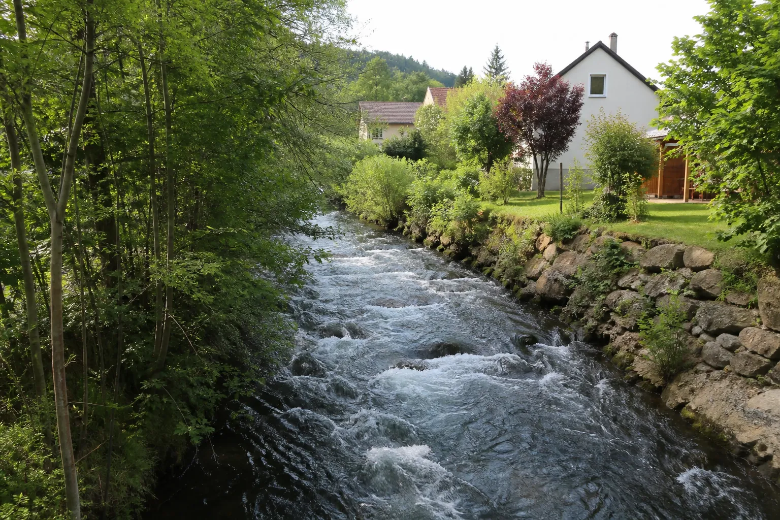 Petite rivière rapide en contrebas de maisons