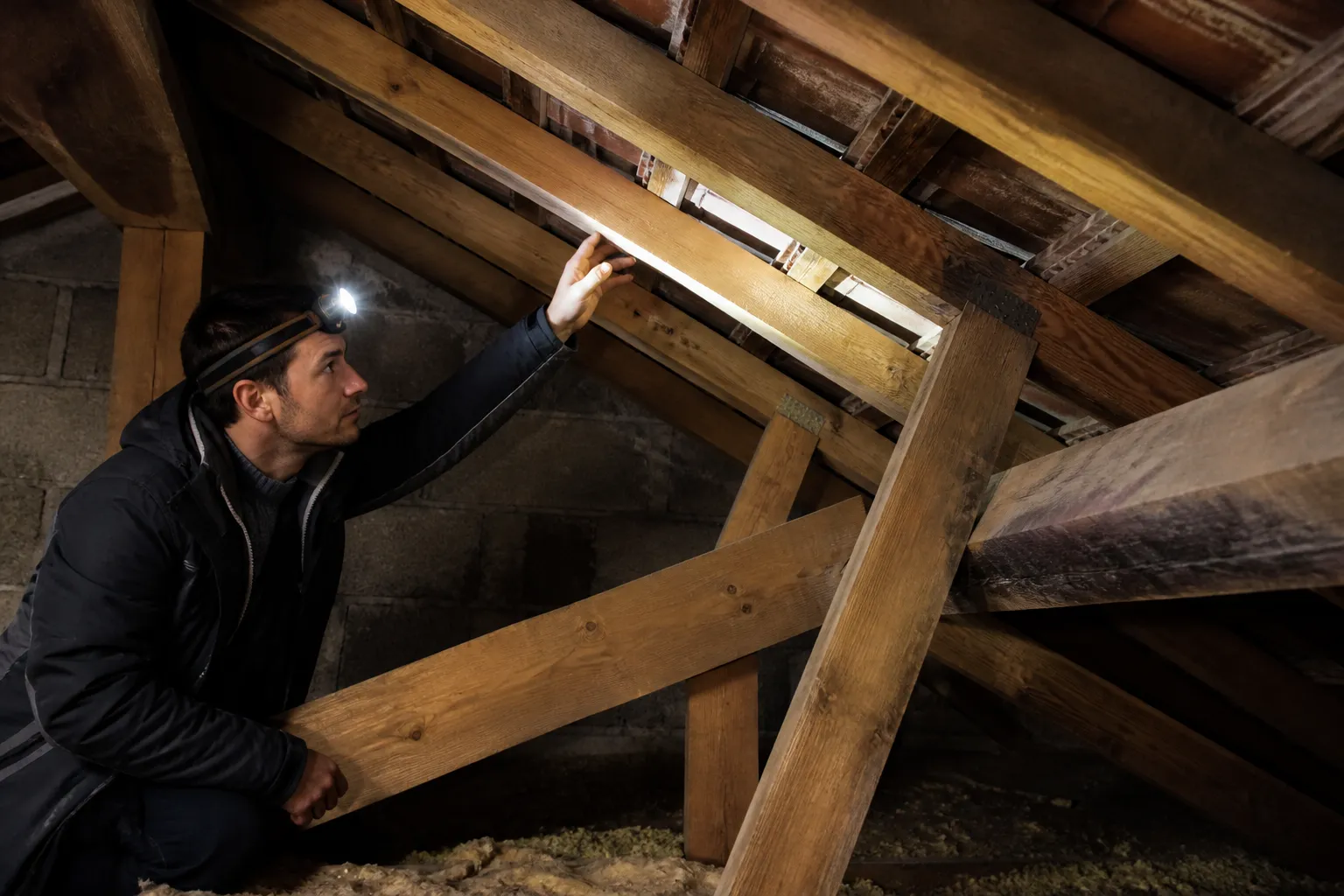 Expert inspectant des combles avec une lampe