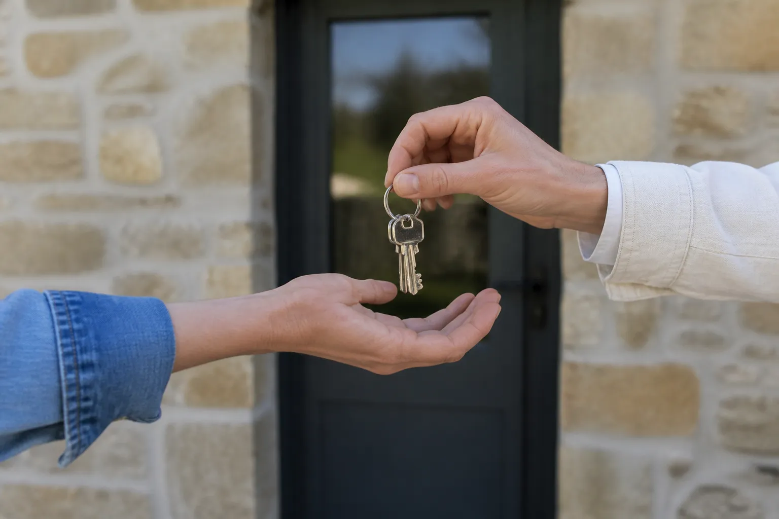 Remise de clés devant une maison après une visite