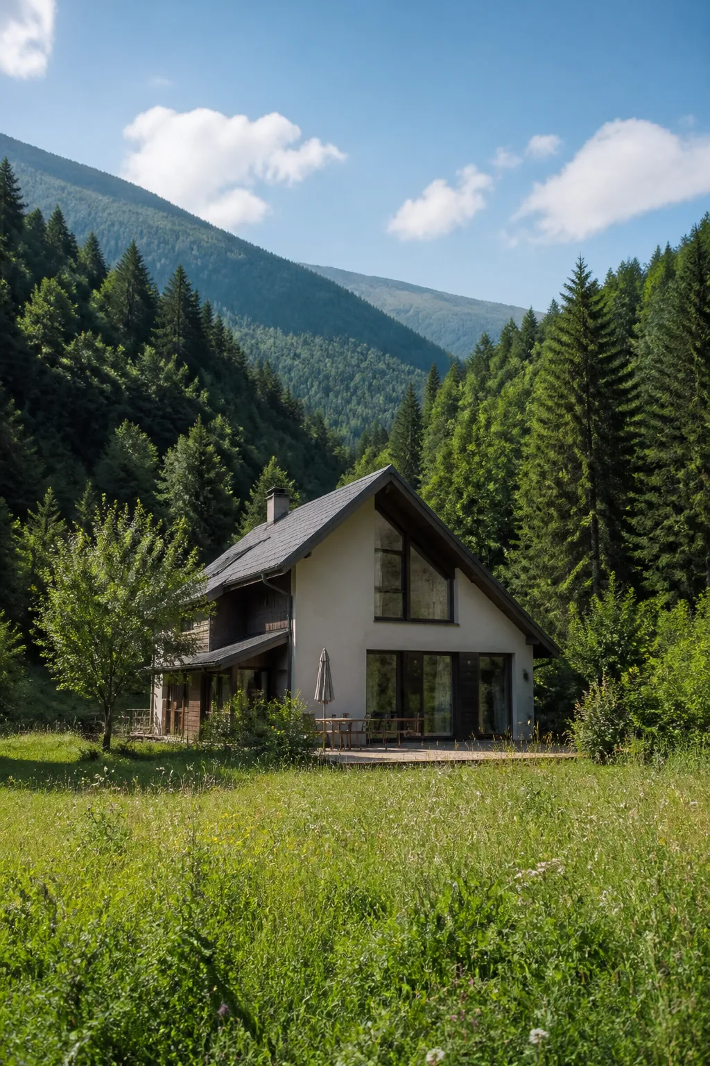 Maison dans une vallée boisée de moyenne montagne