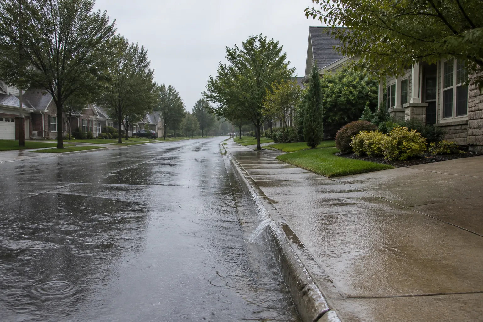 Rue après un orage avec eau ruisselant le long des trottoirs