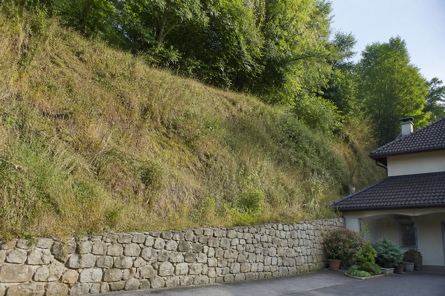 Talus herbeux en pente au-dessus d’une maison