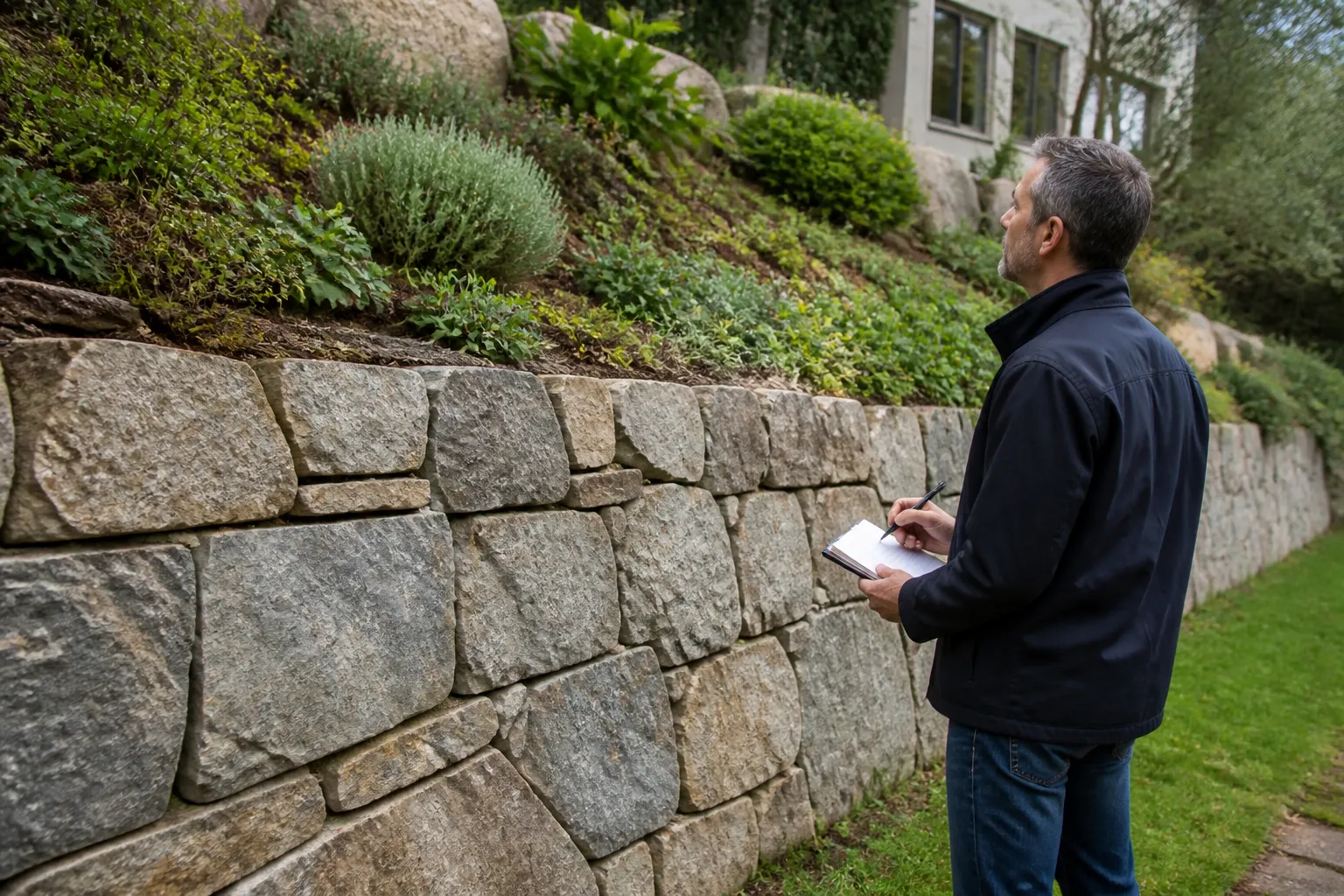 Expert en bâtiment observant un mur de soutènement au pied d’un terrain en pente