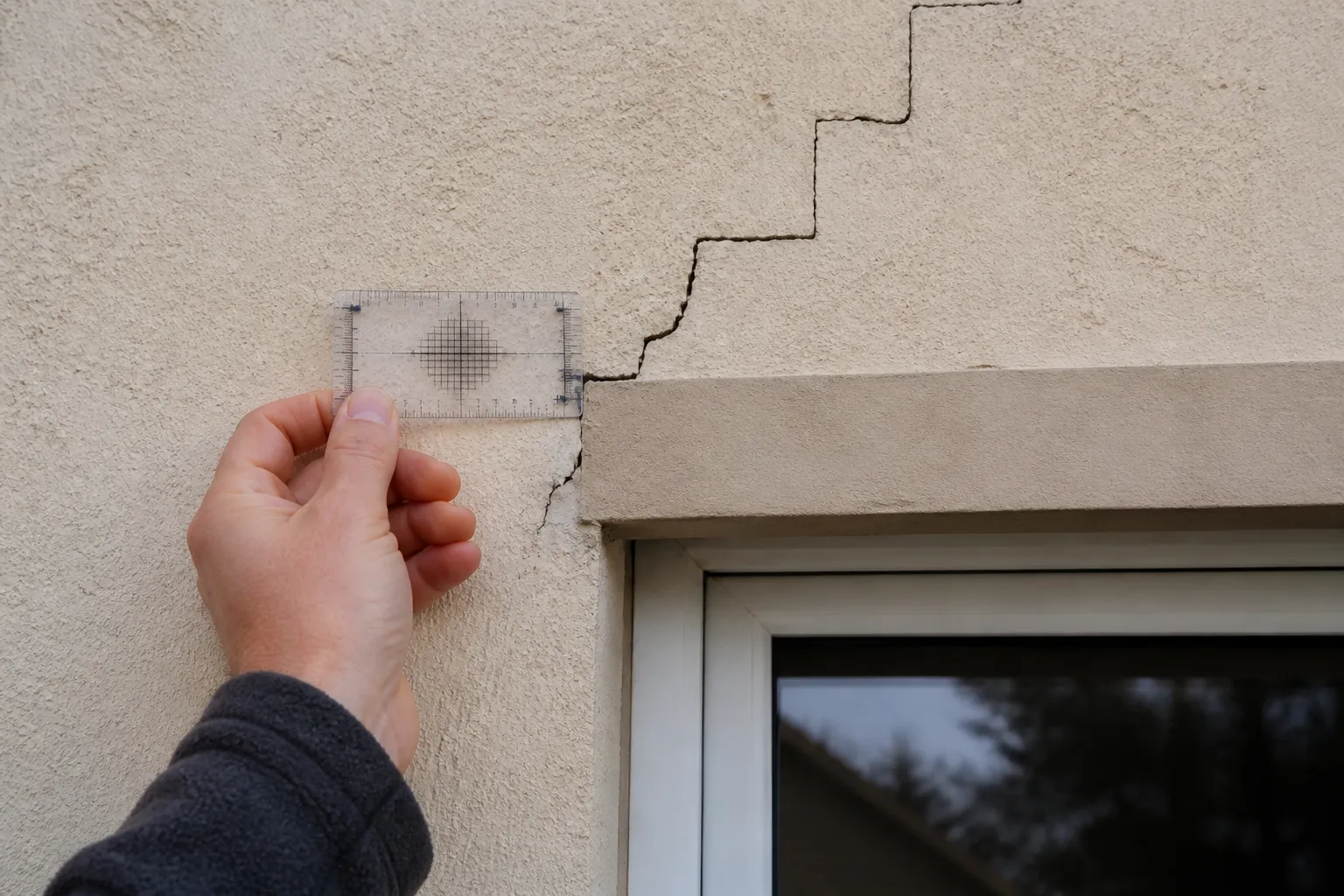 Façade enduite présentant une fissure en escalier observée par un expert