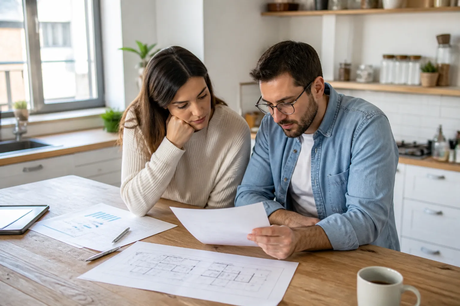 Acheteurs relisant un rapport d’expertise sur une table avant la signature