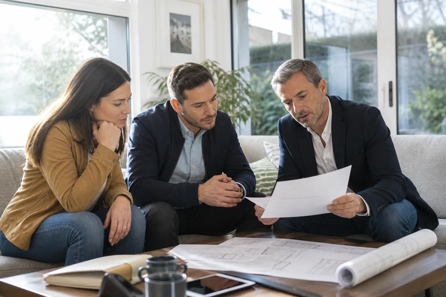Acheteurs et expert relisant ensemble un rapport de visite