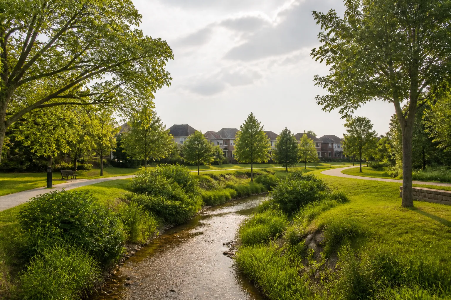 Rivière bordée d’arbres traversant une zone résidentielle