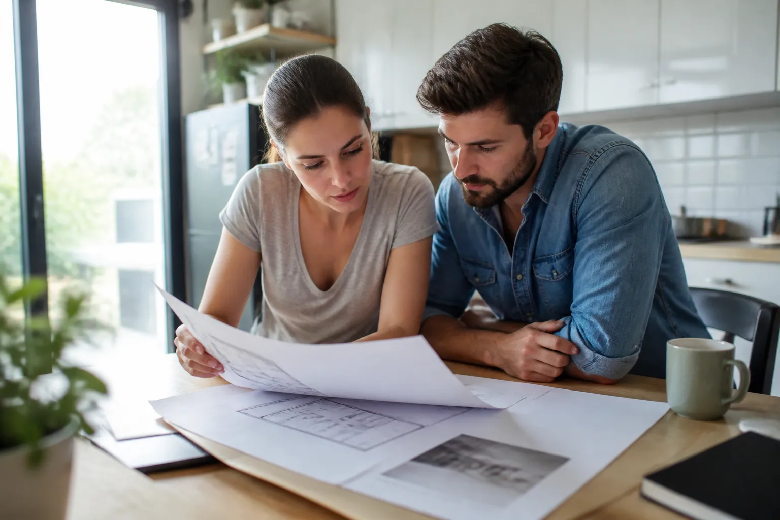 Acheteurs relisant un rapport d’expertise avec un plan de la maison