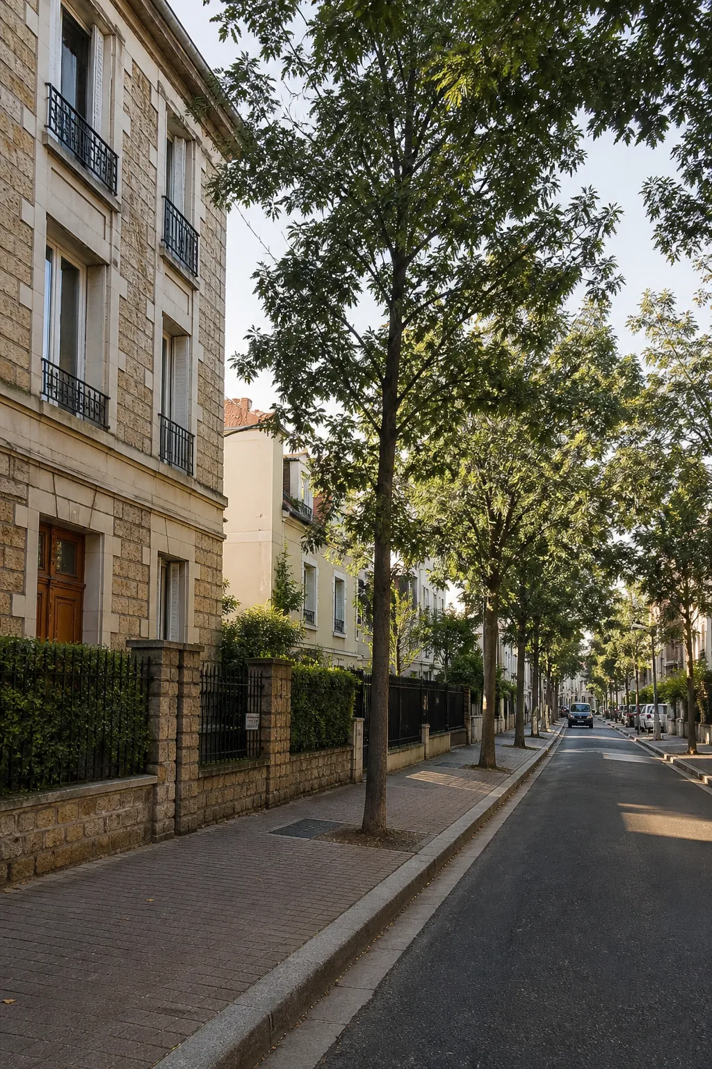 Immeubles résidentiels et maisons de ville dans une rue des Hauts-de-Seine