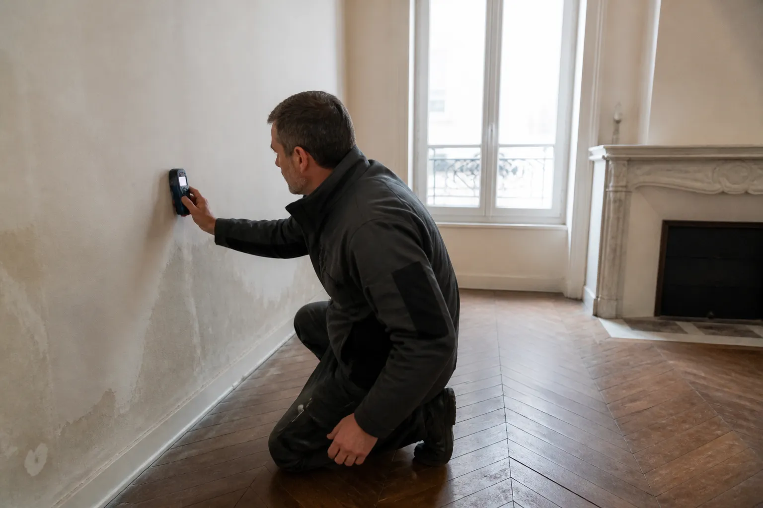 Expert mesurant l’humidité d’un mur dans un appartement