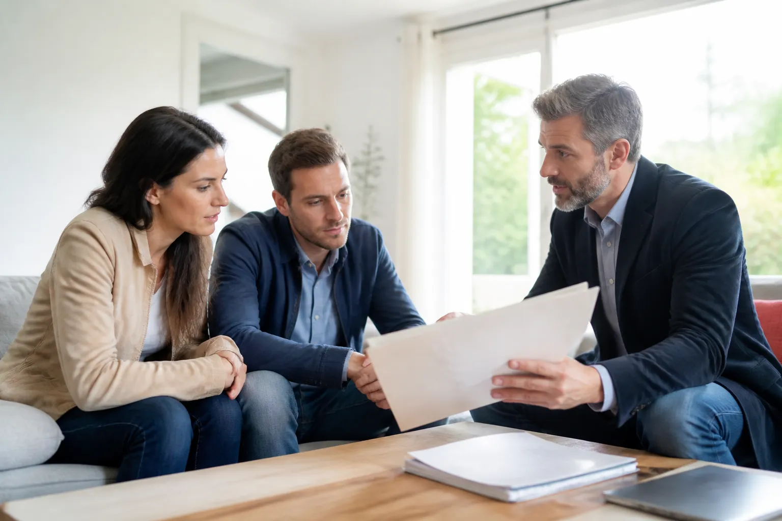 Expert remettant un rapport à un couple d’acheteurs