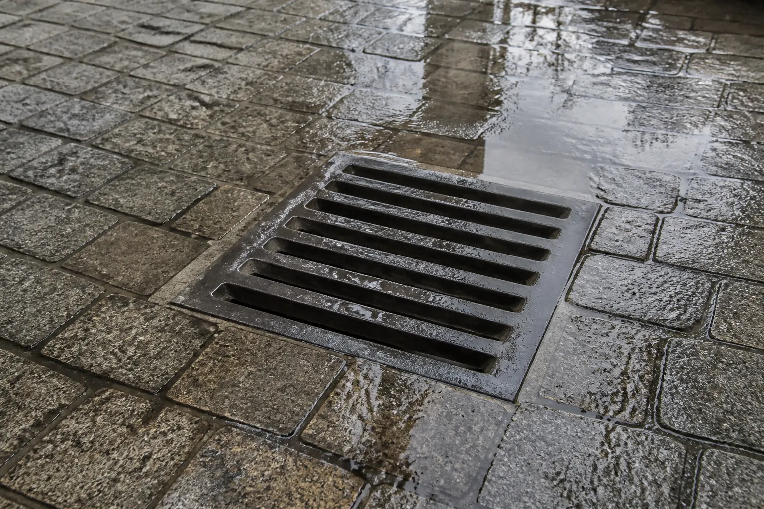 Grille d’évacuation des eaux pluviales dans une cour