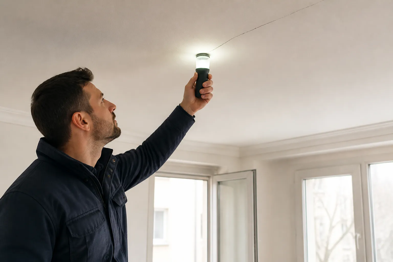 Expert examinant un plafond fissuré dans un appartement