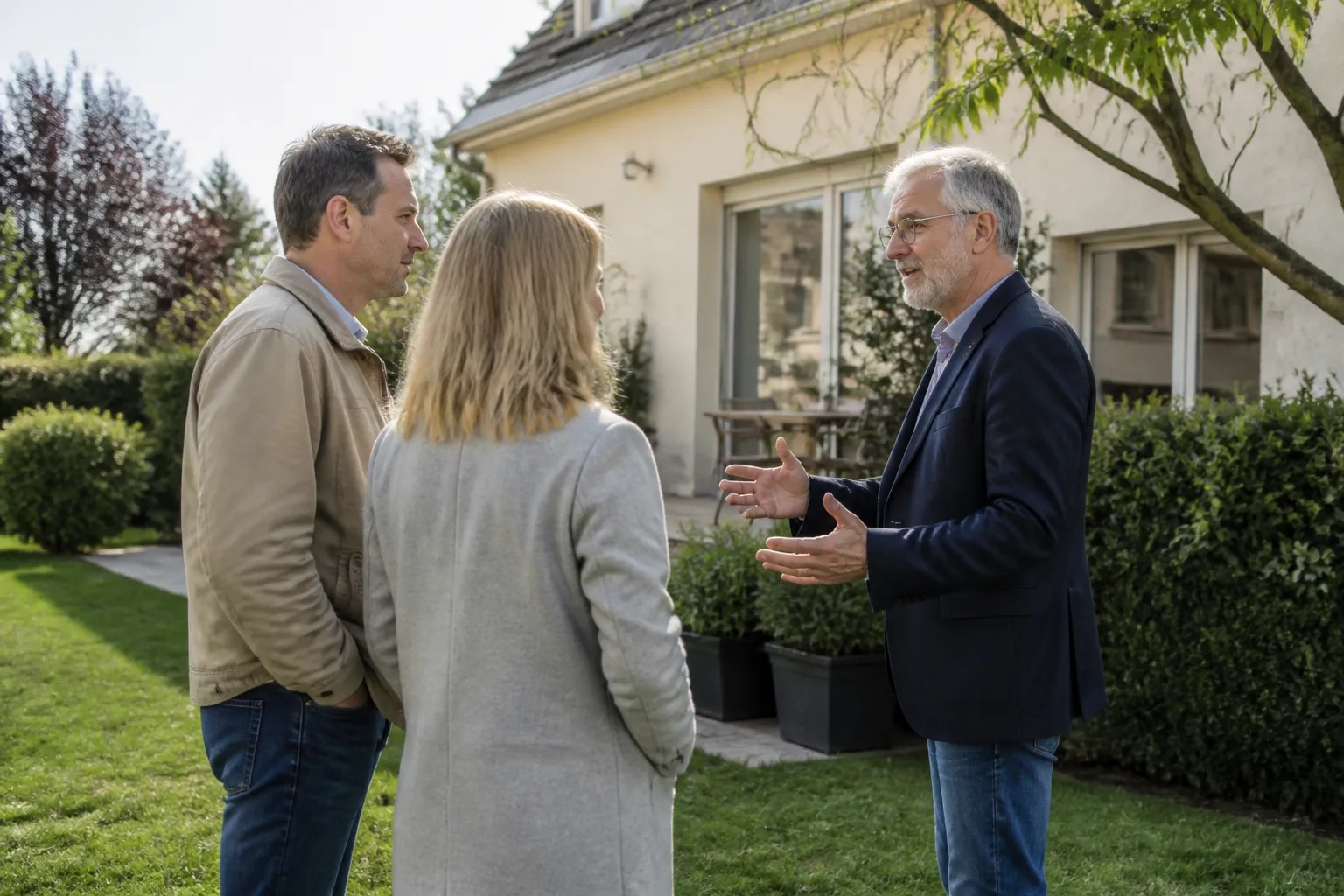 Acheteurs et expert échangeant devant une maison